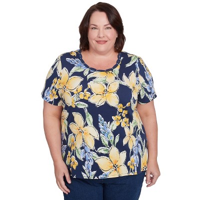 Alfred Dunner Women's Navy Floral Braided Crew Neck Top