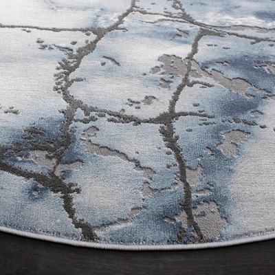 Gray and Blue Round Abstract Hand-Knotted Area Rug