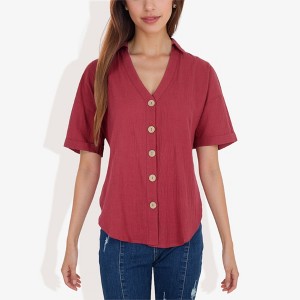 Anna-Kaci Women's Short Sleeve Button Down Shirt with V-Neckline Relaxed Fit - 1 of 4