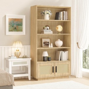 5-Tier Boho Wooden Bookcase with Rattan Doors - Tall Open Shelf Bookshelf with Storage for Living Room, Bedroom, Home Office - 1 of 4