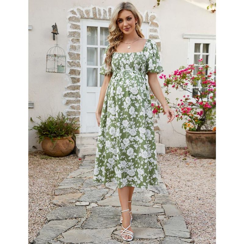 WhizMax Women's Maternity Dress Summer Floral Print Square Neck Puff Sleeve Maxi Dress Casual Ruffle A Line Dress for Babyshower, 3 of 8
