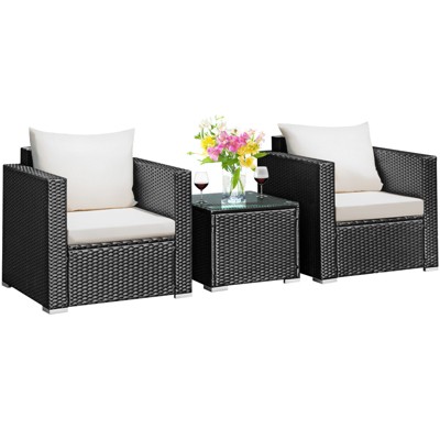 Tangkula 3PCS Patio Rattan Furniture Conversation Set with 2 Cushioned Sofas & Coffee Table for Outdoor