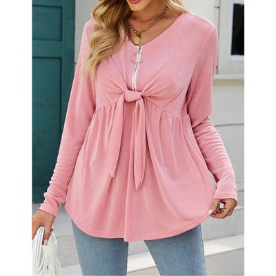 Women's V Neck Blouse Half Zip up Casual Tunic Shirts Babydoll Chest Tie Knot Shirts Ruched Flowy Hem Tunic Tops