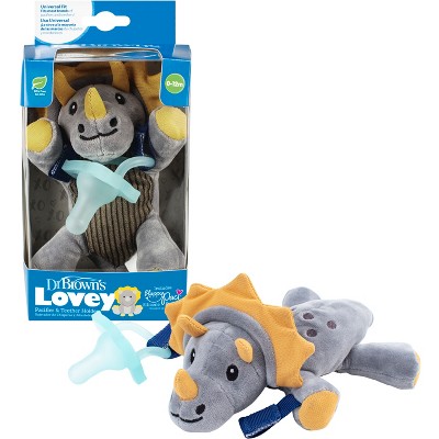 Dr. Brown's Lovey Pacifier and Teether Holder with HappyPaci Silicone Pacifier - Triceratops - 0-6 Months