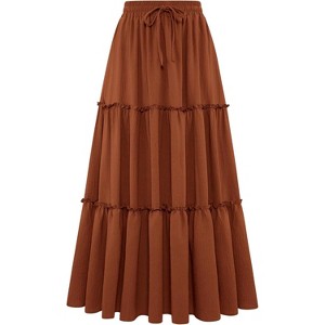 Women's Boho Beach Maxi Skirt - Trendy High Waist Pleated Ruffle Long Skirt with Pockets Earthy Brown - 1 of 4