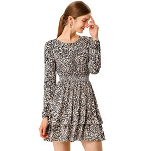 Allegra K Women's Leopard Print Crew Neck Smock Waist Long Sleeve Ruffle Mini Dress - 1 of 4