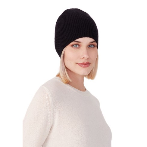 Style Republic Women’s 100% Pure Cashmere Fully Ribbed Beanie - Black ...