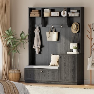 78.8" Hall Tree with Coat Rack, 4 Shoe Cubbies, Bench, Hooks & Shelves – Freestanding Farmhouse Entryway Storage Cabinet for Hallway or Bedroom - 1 of 4