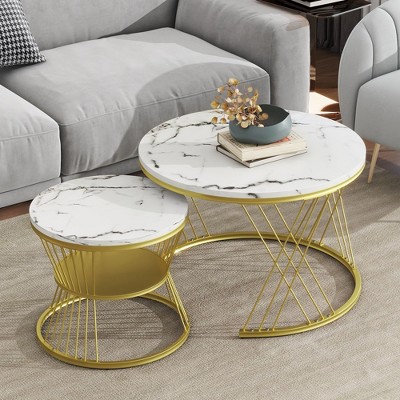 NicBex Coffee Tables for Living Room �19.6" Round Coffee Table Set of 2 Modern Fluted 2 Side Table Set with Drawers and Golden Legs, White+Gold