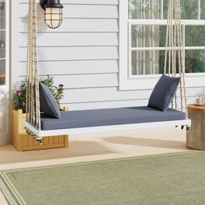 Twin Size Acacia Wood Porch Swing Chair with Cushion & Pillows, 400lbs Capacity, 63" Wide, 6 Ropes - Coolbibila - 1 of 4