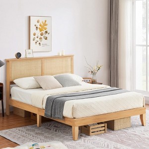 EcoSummer Rattan Bed Frame Full, with Natural Headboard & RGB LED Lights, Wooden Support Legs and Slats, No Box Spring Needed, Noise-Free, Oak Finish - 1 of 4
