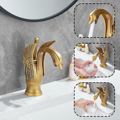 Antique Brass Swan-Shaped Single Handle Bathroom Faucet