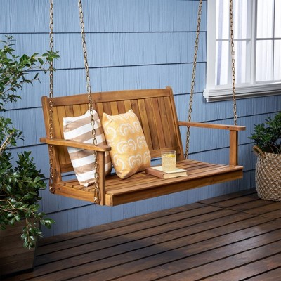 Wooden Porch Swing, Outdoor Patio Accent Furniture, Outdoor Bench Swing Chair With Hanging Chains