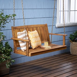 Wooden Porch Swing, Outdoor Patio Accent Furniture, Outdoor Bench Swing Chair With Hanging Chains - 1 of 4