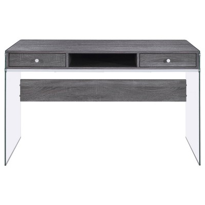 Weathered Gray 2-Drawer Writing Desk with Glass Sides