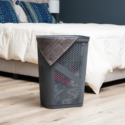 Gray Perforated Plastic Collapsible Laundry Hamper with Lid