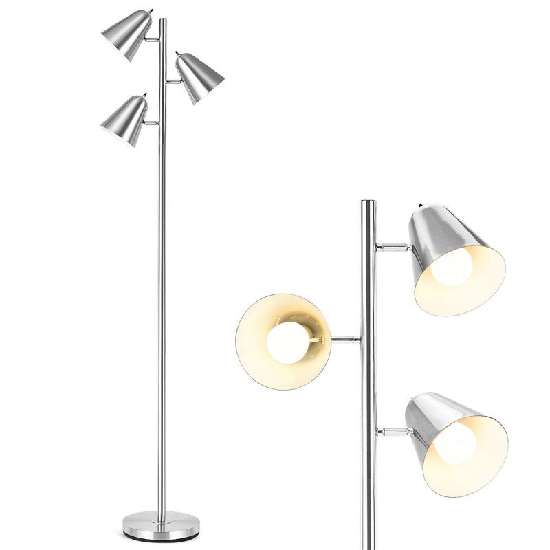 Tangkula 64" Mid Century Modern Floor Lamp 3 Light Tree, Standing Tall Pole Lamp w/ 3 LED Bulbs & Adjustable Heads (Nickel), 1 of 11