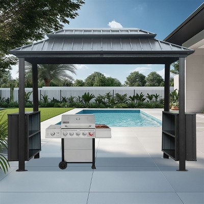 6x10FT Hardtop Grill Gazebo,Double Galvanized Steel Roof BBQ Canopy with Storage Cabinets And Ceiling Hooks-Maison Boucle