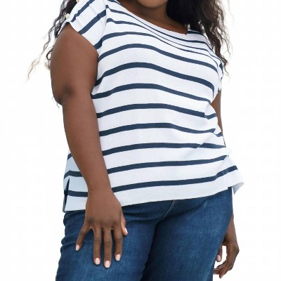 Women's Short Sleeve Striped Button Shoulder Top - Plus Size - mat fashion