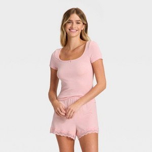 Women's Ribbed Short Sleeve Shirt and Shorts Pajama Set - Auden™ - 1 of 3