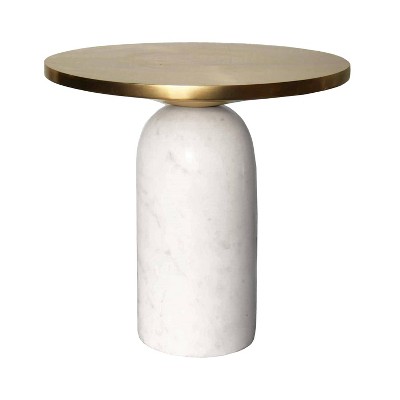 The Urban Port 17" Round Brass Modern Accent End Table with Cylindrical Marble Base Brass/White