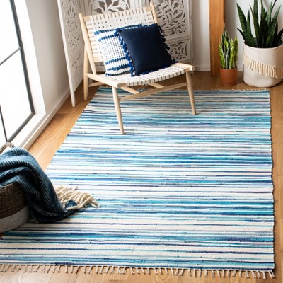 Ivory & Blue Striped Hand-Woven Cotton Area Rug - 3' x 5'
