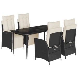 vidaXL 5 Piece Patio Dining Set with Cushions Black Poly Rattan - 63" Table Length Sharp Leg 4 Items - 1 of 4
