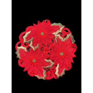 Poinsettia and Green Leaf Embroidered Cutwork Round Placemat, 15-Inch diameter - 1 of 3