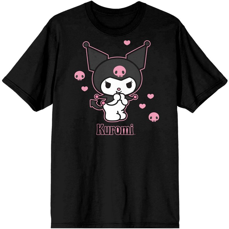 Sanrio Kuromi Anime Hearts & Skulls Unisex Black Graphic Tee Shirt, 1 of 2