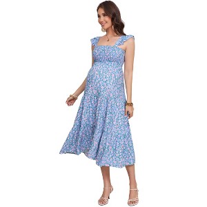 Womens Square Neck Smocked Maternity Dress Flutter Sleeve Summer Maxi Sundress - 1 of 4