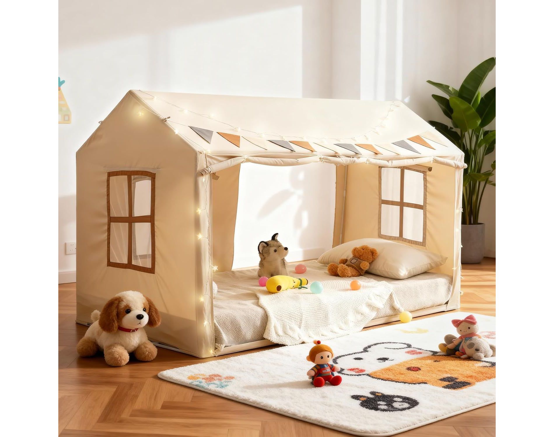 GARPROVM Twin Bed Tent House-Shaped Play Tent with Fairy Lights & Mesh Windows for Role-Play Nap