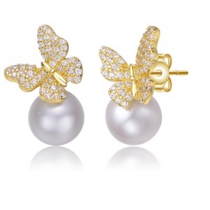 Guili Sterling Silver Gold Plated Butterfly Earrings with Pearl & Cubic Zirconia, a Whimsical and Graceful Accent for Effortless Beauty - 1 of 3