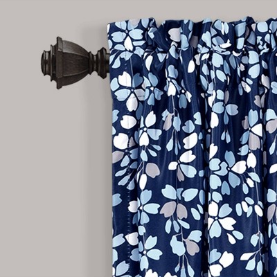 Navy Floral Polyester Blackout Rod Pocket Window Panels