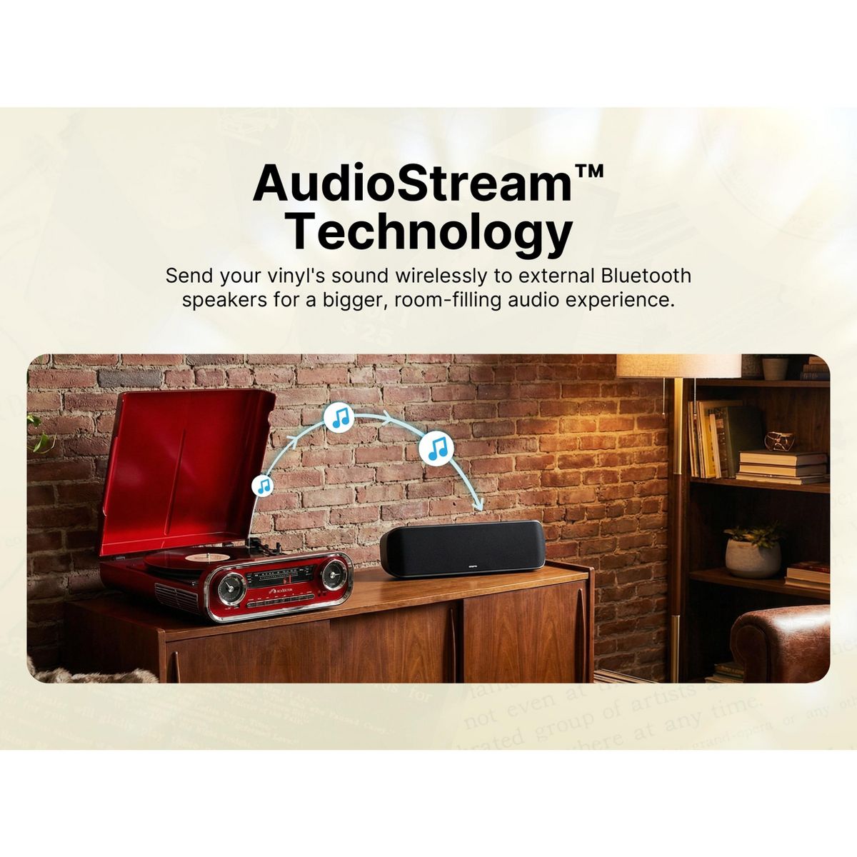 Victor RHRP-3000 Woodward 7-in-1 Turntable Music Center with AudioStream, 3-Speed Vinyl Player, Bluetooth In/Out, FM Radio, USB Recording & Playback - thumbnail 2