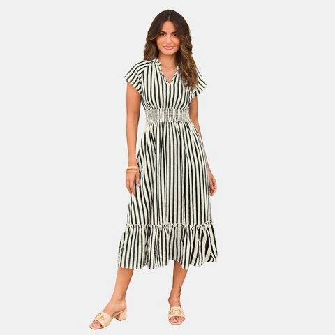 Женские платья Cupshe Women's Striped Maxi Dress with Waist Accentuation and Tiered Ruffles-M-Black