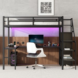 Okak Full XL Metal High Loft Bunk Bed with L-shaped Desk & USB Heavy Duty Bedframe with Wardrobe & Adjustable Shelf LED for Adults Teens Kids, Black - 1 of 4