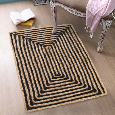 Handwoven Black and Beige Braided Jute Reversible Area Rug, 2' x 3'