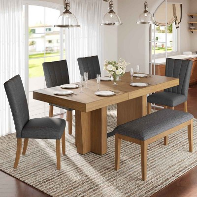 Farmhouse Dining Set for 6 People, Extendable Dining Table with Removable Leaf, Rubberwood Frame Chairs with Polyester Cushion-Coolbibila