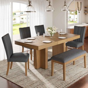 Farmhouse Dining Set for 6 People, Extendable Dining Table with Removable Leaf, Rubberwood Frame Chairs with Polyester Cushion-Coolbibila - 1 of 4