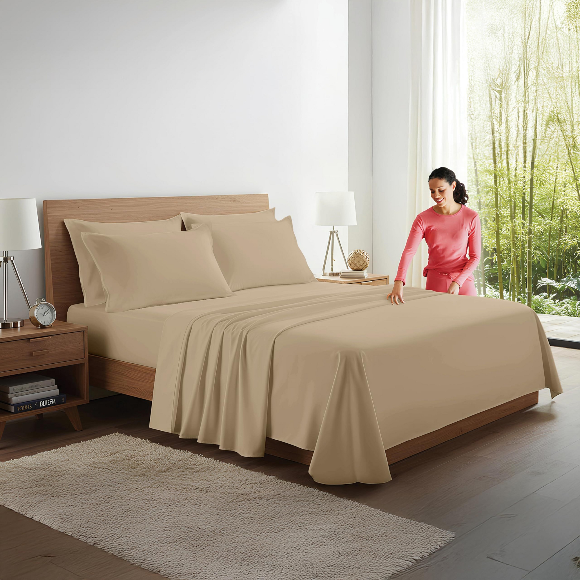 100% Organic Bamboo Viscose Sheets Set, 300 Thread Count, 4-pc Set, Luxury Cooling Sheets, Deep Pockets, Queen Size (Sand)