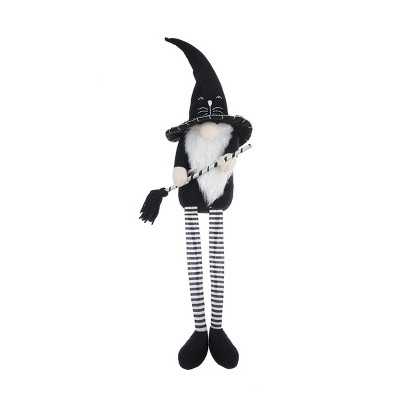 FURNIinspire Decorative Objects Fabric Sitting Black Gnome With Broomstick Long Legs, Holiday Decor, Fairy Tale Style Doll, Black, 4"*4.3"*26.8"