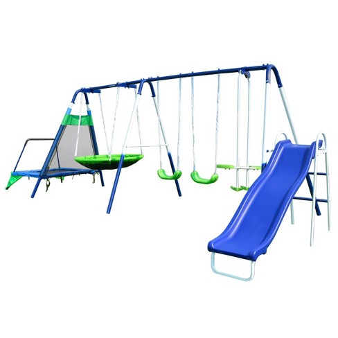 Swing set with slide and trampoline on sale