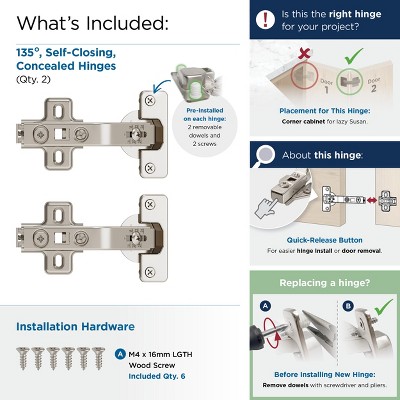 Nickel 135 Degree Lazy Susan Bi-Fold Door Concealed Cabinet Hinge