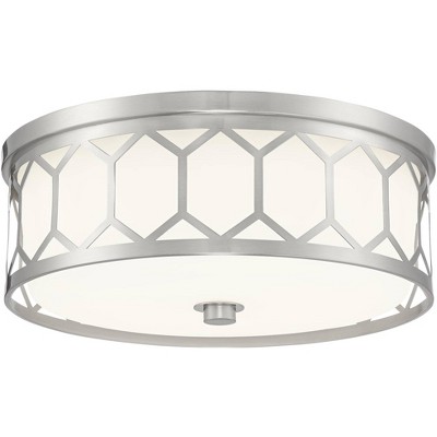 Possini Euro Design Modern Ceiling Light Flush Mount Fixture Brushed Nickel 16 1/2" Wide Hexagon Opal White Glass Drum for Hallway