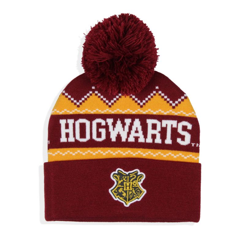Harry Potter Adult Hogwarts School Crest Knit Cuff Pom Beanie Cap Multicoloured, 1 of 5