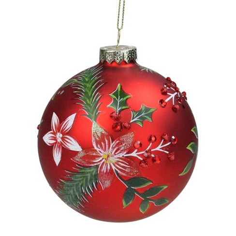 Northlight 4 Red Poinsettia And Jewel Holly Glass Ball Christmas Ornament Target