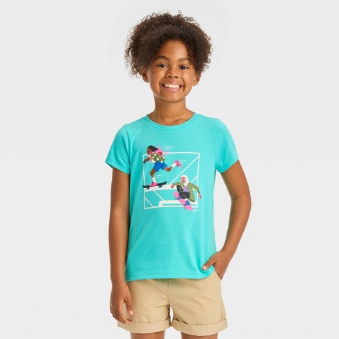Girls' Short Sleeve 'Skateboarders' Graphic T-Shirt - Cat & Jack™ Turquoise  Blue L Plus