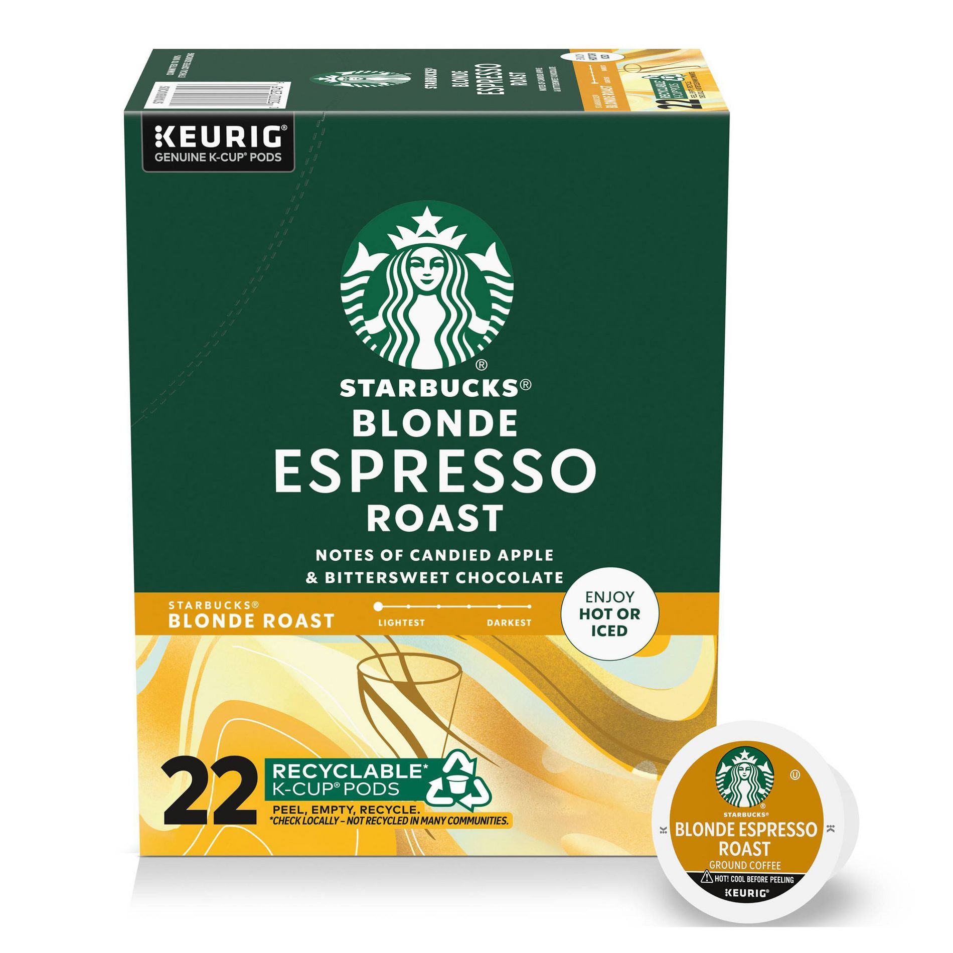 Starbucks Blonde Espresso Blend Keurig Light Roast K-Cup Coffee Pods - 22ct: Arabica Beans, Latin America, Chocolate