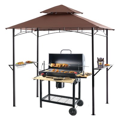 FDW 8'x 5'FT Outdoor Grill Gazebo BBQ Gazebo Canopy Tent with Double Tiered Roof and Steel Frame Perfect for Backyard Entertaining, Brown