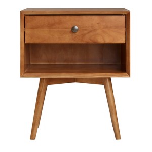 Vynxaria Mid-Century Modern Single-Drawer Nightstand - Solid Wood, Caramel Finish, Antique Metal Hardware, Open/Closed Storage - 1 of 4
